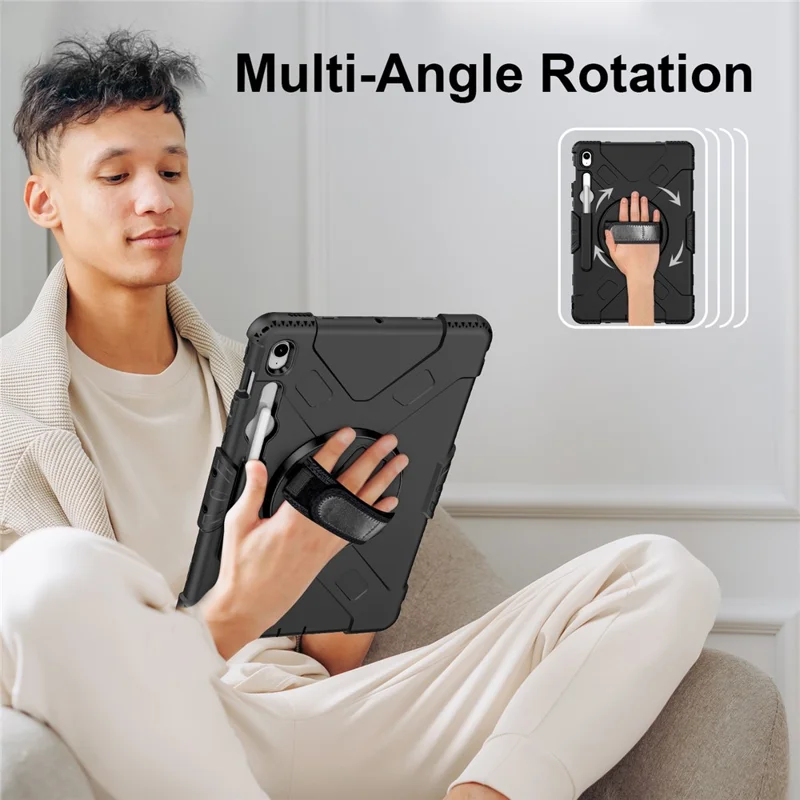 Étui à support pivotant pour Samsung Galaxy Tab S10 FE+, avec logement pour stylet, coque tablette PC + silicone et sangle d'épaule - Noir