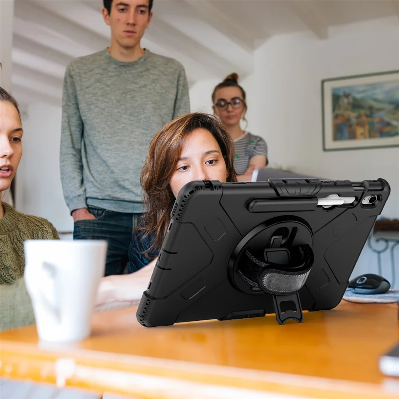 Étui à support pivotant pour Samsung Galaxy Tab S10 FE+, avec logement pour stylet, coque tablette PC + silicone et sangle d'épaule - Noir