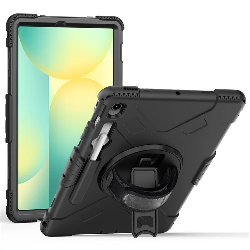 Étui à support pivotant pour Samsung Galaxy Tab S10 FE+, avec logement pour stylet, coque tablette PC + silicone et sangle d'épaule - Noir