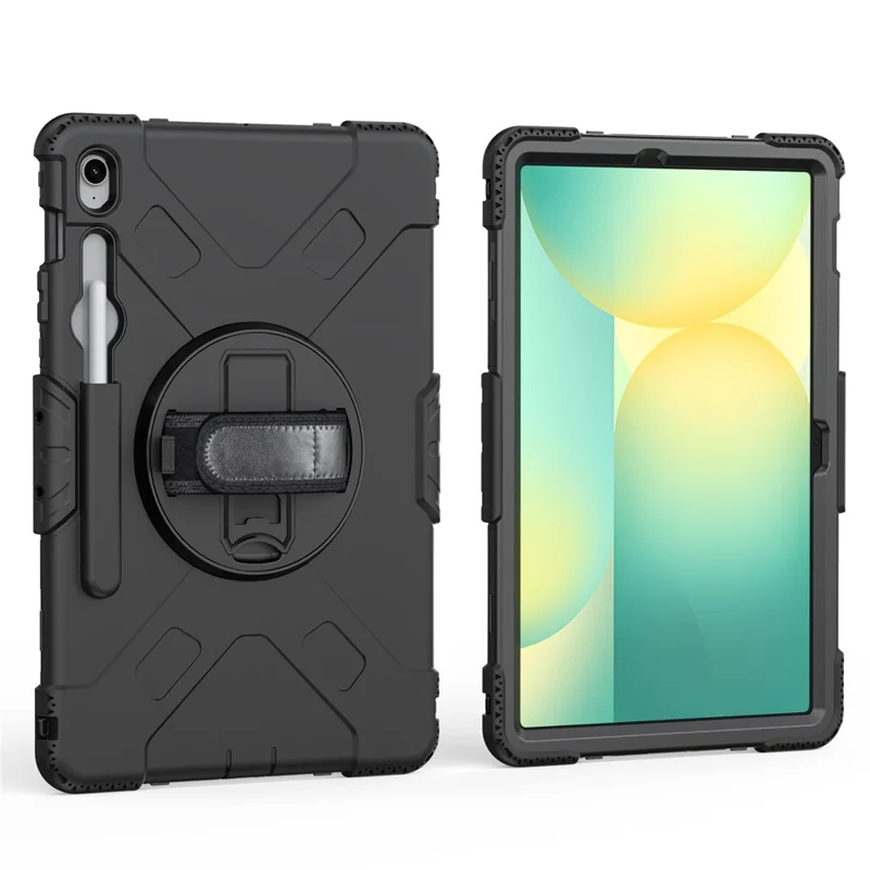 Étui à support pivotant pour Samsung Galaxy Tab S10 FE+, avec logement pour stylet, coque tablette PC + silicone et sangle d'épaule - Noir
