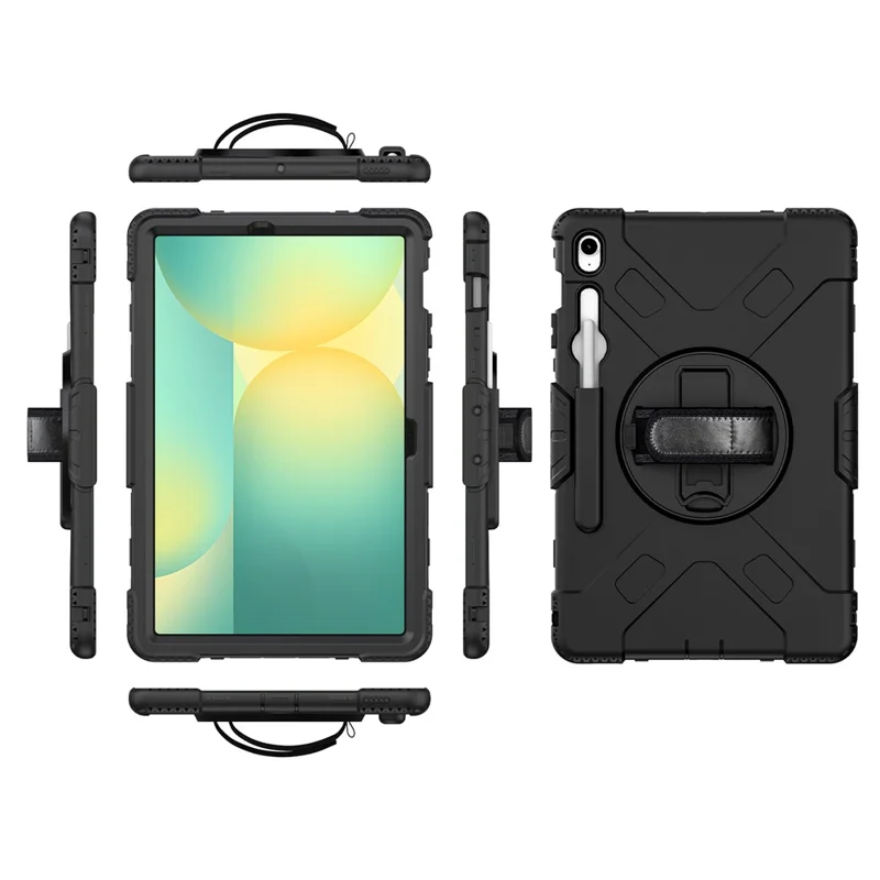 Étui à support pivotant pour Samsung Galaxy Tab S10 FE+, avec logement pour stylet, coque tablette PC + silicone et sangle d'épaule - Noir