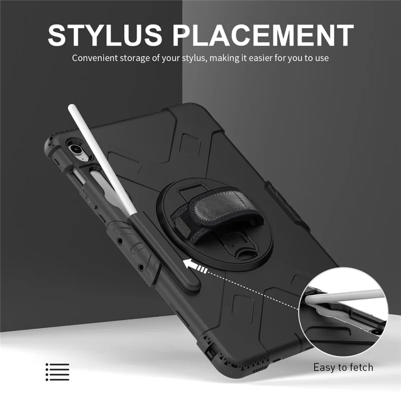 Étui à support pivotant pour Samsung Galaxy Tab S10 FE+, avec logement pour stylet, coque tablette PC + silicone et sangle d'épaule - Noir