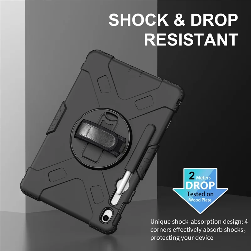 Étui à support pivotant pour Samsung Galaxy Tab S10 FE+, avec logement pour stylet, coque tablette PC + silicone et sangle d'épaule - Noir