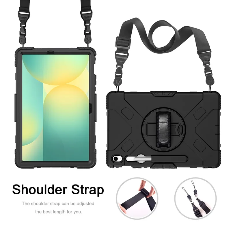 Étui à support pivotant pour Samsung Galaxy Tab S10 FE+, avec logement pour stylet, coque tablette PC + silicone et sangle d'épaule - Noir