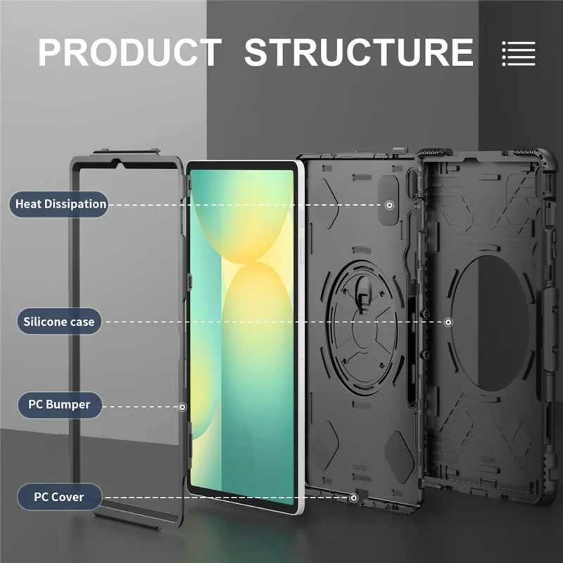 Étui à support pivotant pour Samsung Galaxy Tab S10 FE+, avec logement pour stylet, coque tablette PC + silicone et sangle d'épaule - Noir