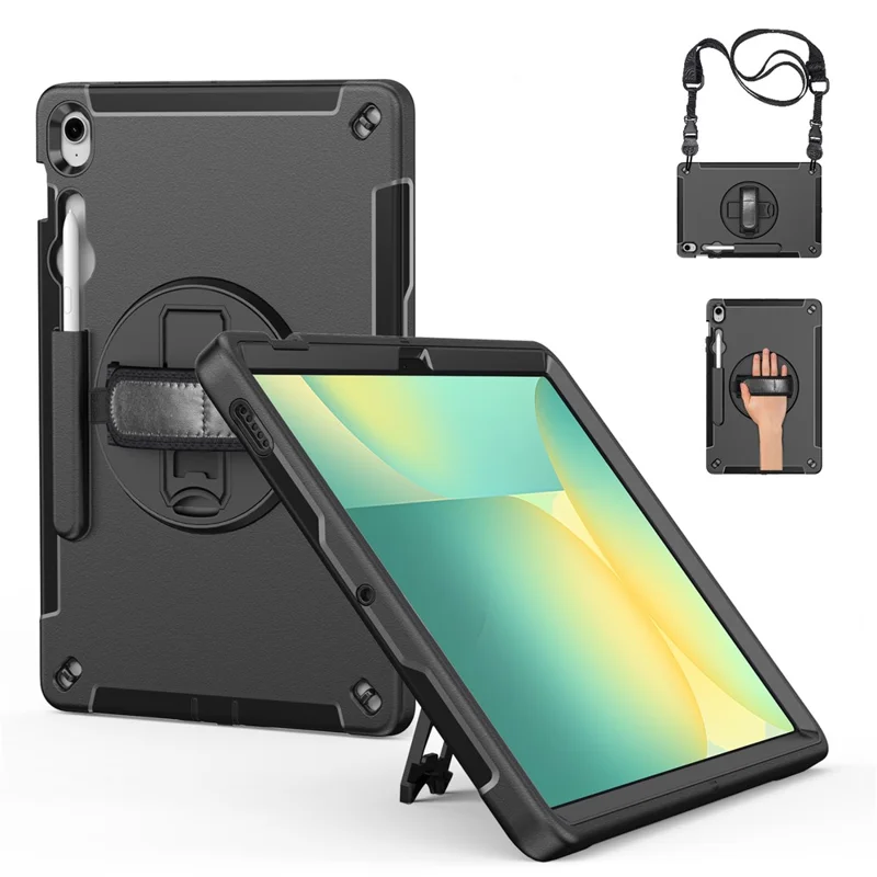 For Samsung Galaxy Tab S10 FE+ Case Kickstand PC + TPU Tablet Cover with Pen Slot, Shoulder Strap - Black