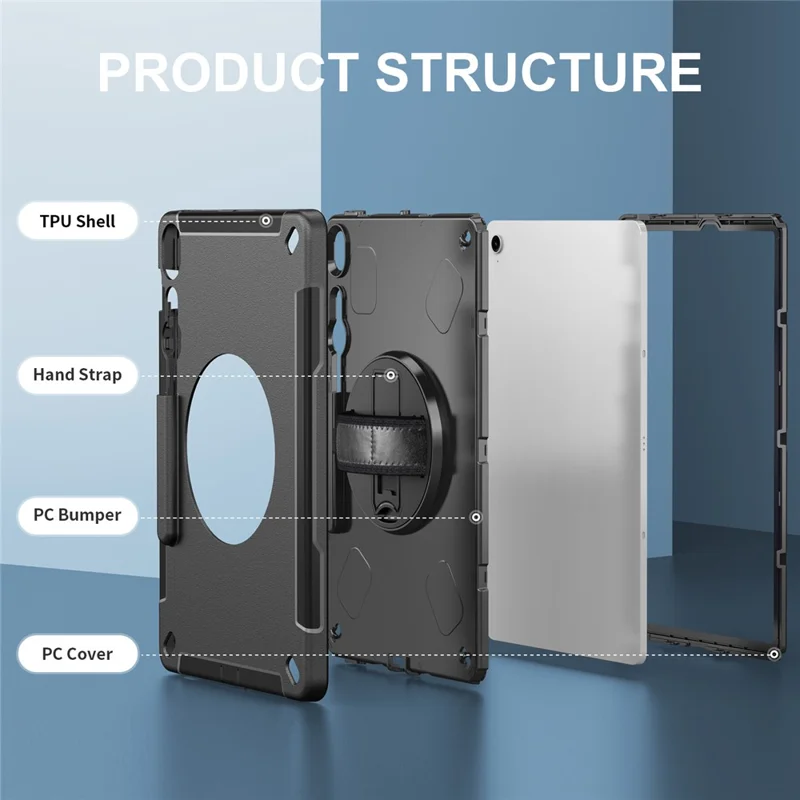 For Samsung Galaxy Tab S10 FE+ Case Kickstand PC + TPU Tablet Cover with Pen Slot, Shoulder Strap - Black