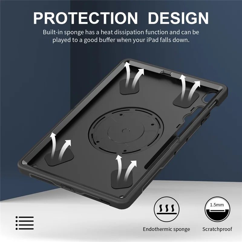 For Samsung Galaxy Tab S10 FE+ Case Kickstand PC + TPU Tablet Cover with Pen Slot, Shoulder Strap - Black