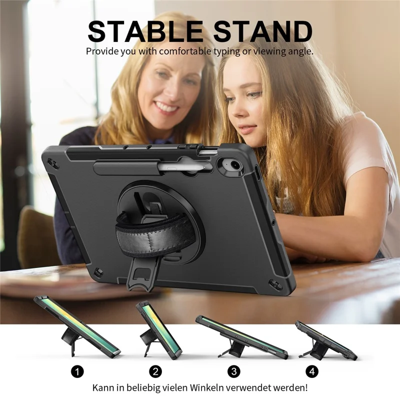 For Samsung Galaxy Tab S10 FE+ Case Kickstand PC + TPU Tablet Cover with Pen Slot, Shoulder Strap - Black