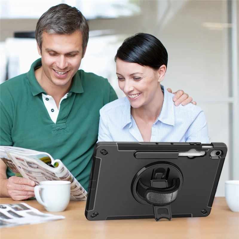 For Samsung Galaxy Tab S10 FE+ Case Kickstand PC + TPU Tablet Cover with Pen Slot, Shoulder Strap - Black