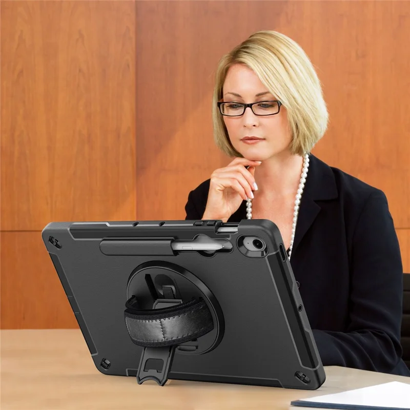 For Samsung Galaxy Tab S10 FE+ Case Kickstand PC + TPU Tablet Cover with Pen Slot, Shoulder Strap - Black