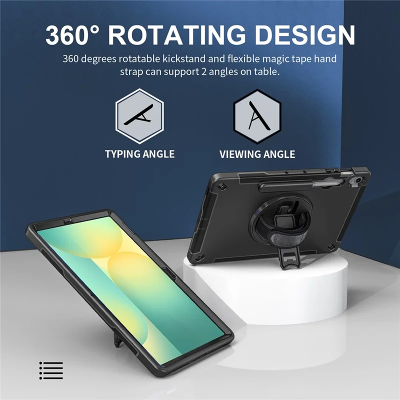 For Samsung Galaxy Tab S10 FE+ Case Kickstand PC + TPU Tablet Cover with Pen Slot, Shoulder Strap - Black