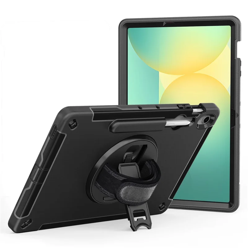 For Samsung Galaxy Tab S10 FE+ Case Kickstand PC + TPU Tablet Cover with Pen Slot, Shoulder Strap - Black