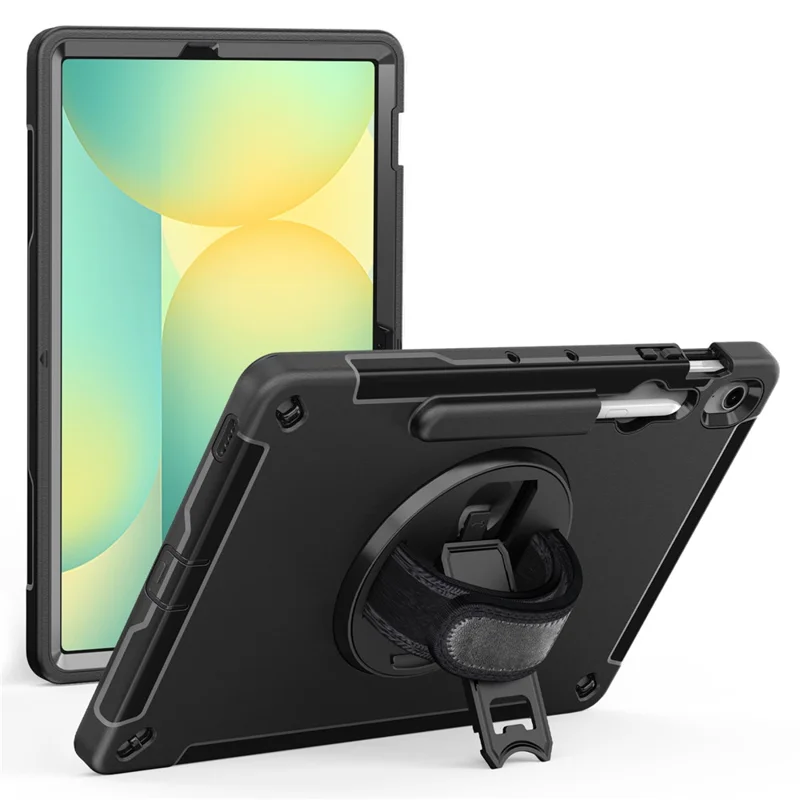 For Samsung Galaxy Tab S10 FE+ Case Kickstand PC + TPU Tablet Cover with Pen Slot, Shoulder Strap - Black