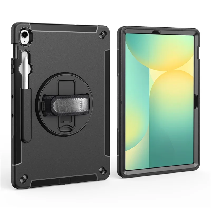 For Samsung Galaxy Tab S10 FE+ Case Kickstand PC + TPU Tablet Cover with Pen Slot, Shoulder Strap - Black