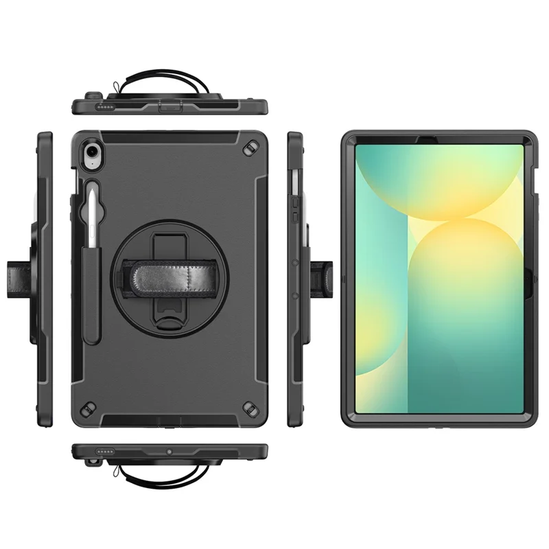 For Samsung Galaxy Tab S10 FE+ Case Kickstand PC + TPU Tablet Cover with Pen Slot, Shoulder Strap - Black