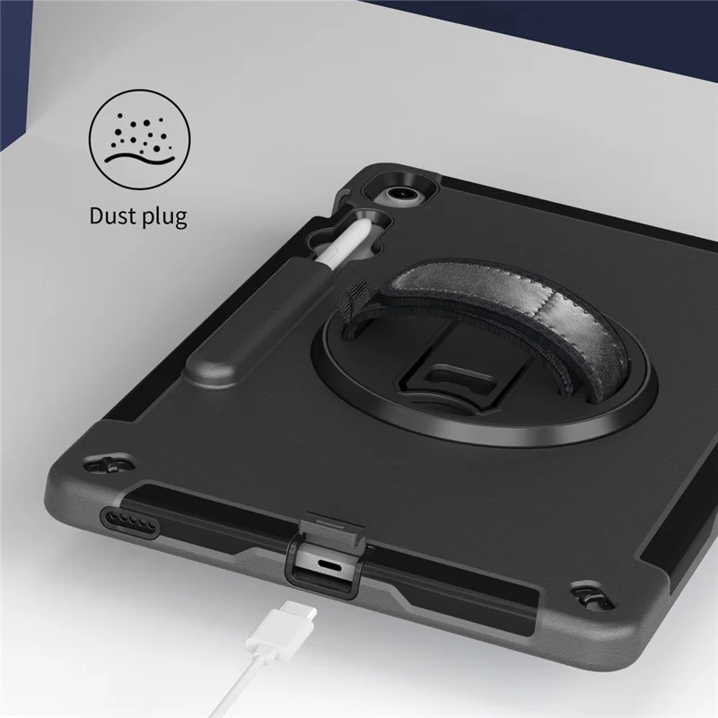 For Samsung Galaxy Tab S10 FE+ Case Kickstand PC + TPU Tablet Cover with Pen Slot, Shoulder Strap - Black