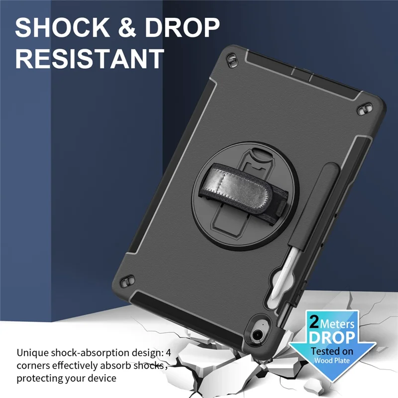 For Samsung Galaxy Tab S10 FE+ Case Kickstand PC + TPU Tablet Cover with Pen Slot, Shoulder Strap - Black