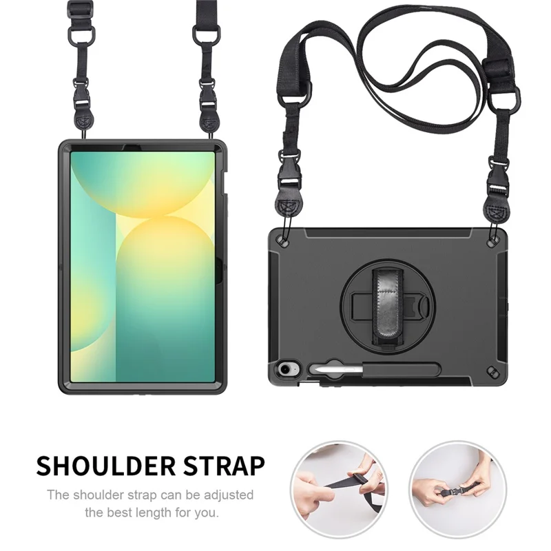 For Samsung Galaxy Tab S10 FE+ Case Kickstand PC + TPU Tablet Cover with Pen Slot, Shoulder Strap - Black