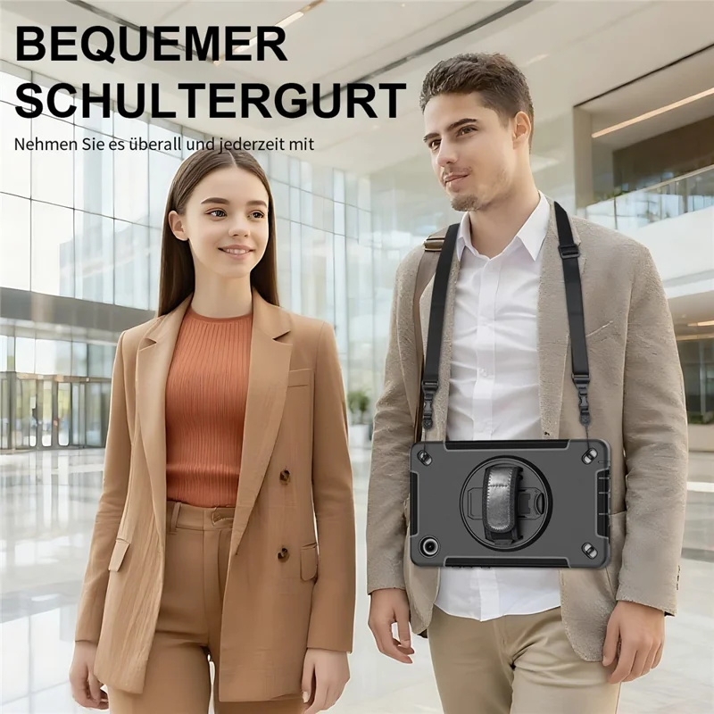 For Samsung Galaxy Tab A11 Case Rotating Kickstand PC + TPU Tablet Cover with Shoulder Strap - Black