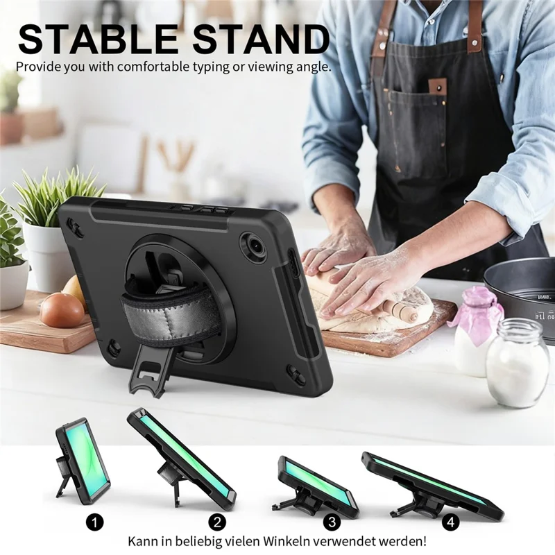 For Samsung Galaxy Tab A11 Case Rotating Kickstand PC + TPU Tablet Cover with Shoulder Strap - Black