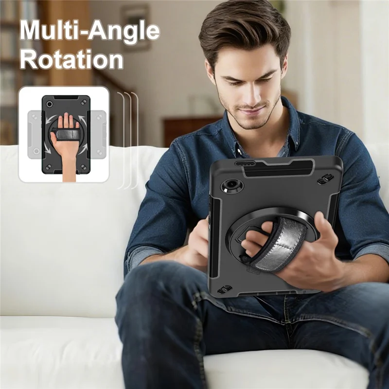 For Samsung Galaxy Tab A11 Case Rotating Kickstand PC + TPU Tablet Cover with Shoulder Strap - Black