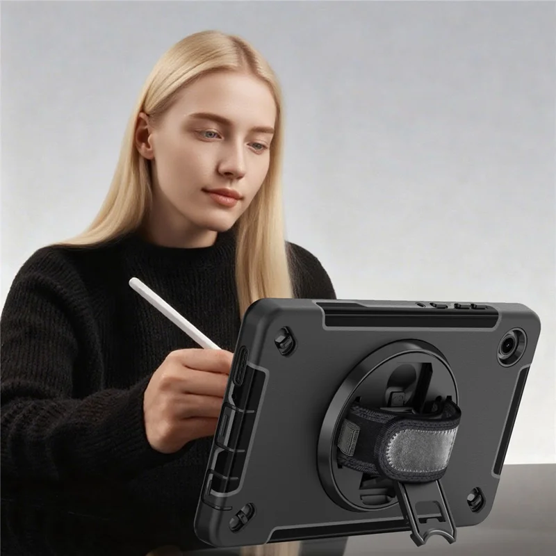 For Samsung Galaxy Tab A11 Case Rotating Kickstand PC + TPU Tablet Cover with Shoulder Strap - Black