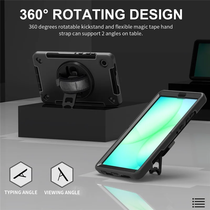 For Samsung Galaxy Tab A11 Case Rotating Kickstand PC + TPU Tablet Cover with Shoulder Strap - Black