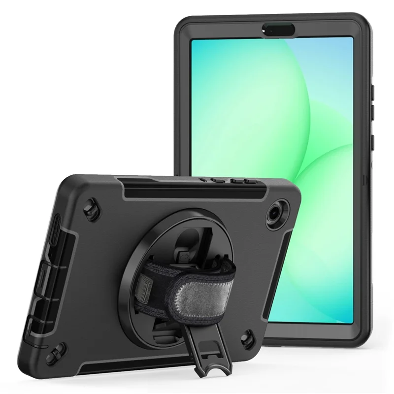 For Samsung Galaxy Tab A11 Case Rotating Kickstand PC + TPU Tablet Cover with Shoulder Strap - Black