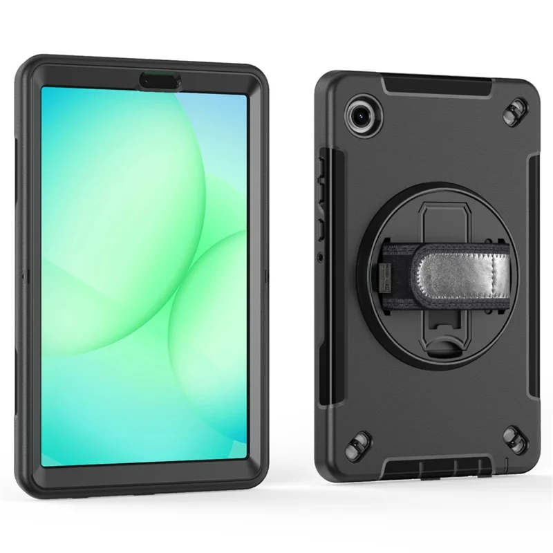 For Samsung Galaxy Tab A11 Case Rotating Kickstand PC + TPU Tablet Cover with Shoulder Strap - Black