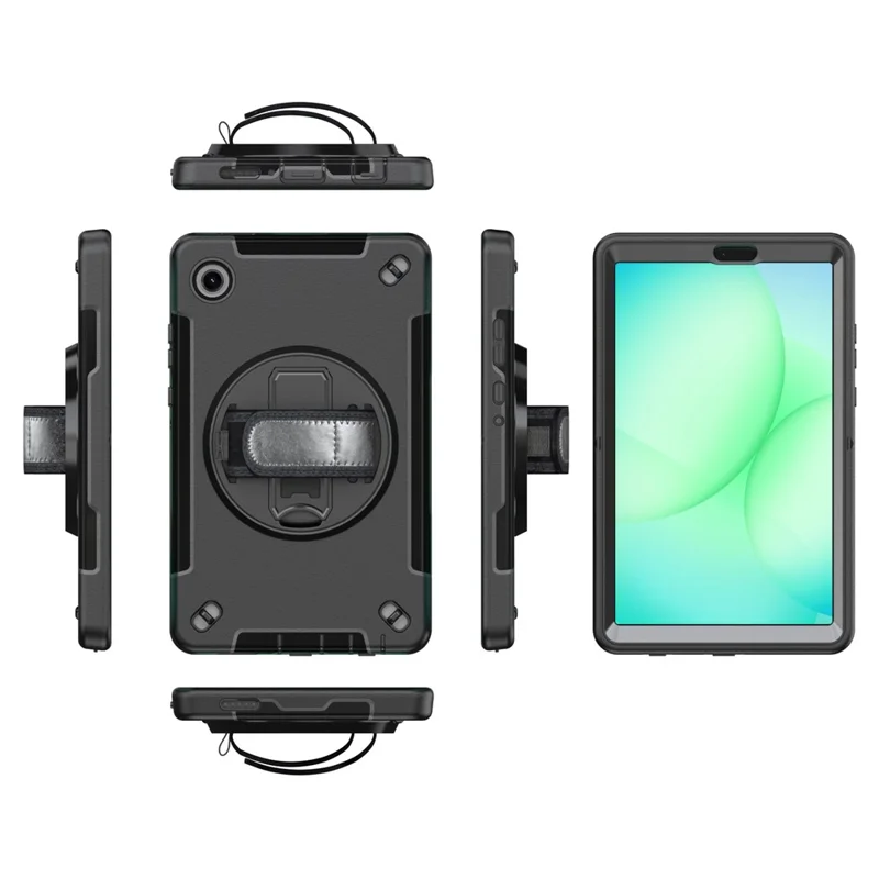 For Samsung Galaxy Tab A11 Case Rotating Kickstand PC + TPU Tablet Cover with Shoulder Strap - Black