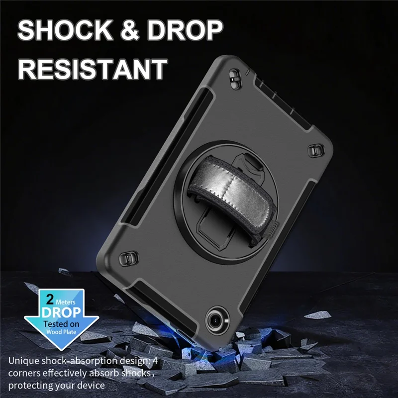 For Samsung Galaxy Tab A11 Case Rotating Kickstand PC + TPU Tablet Cover with Shoulder Strap - Black