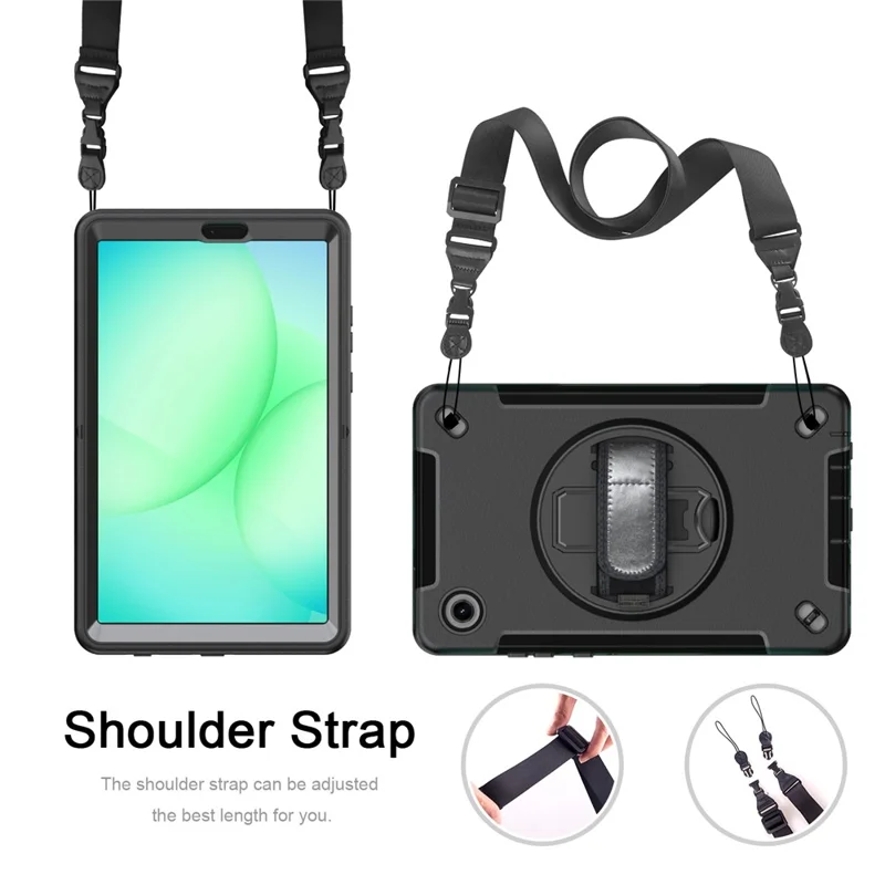 For Samsung Galaxy Tab A11 Case Rotating Kickstand PC + TPU Tablet Cover with Shoulder Strap - Black