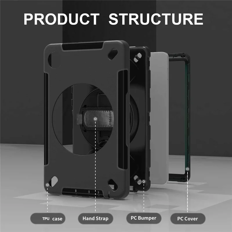 For Samsung Galaxy Tab A11 Case Rotating Kickstand PC + TPU Tablet Cover with Shoulder Strap - Black