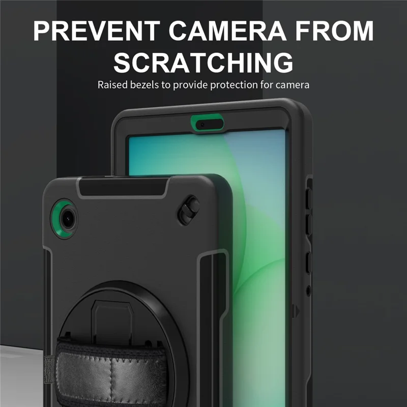 For Samsung Galaxy Tab A11 Case Rotating Kickstand PC + TPU Tablet Cover with Shoulder Strap - Black