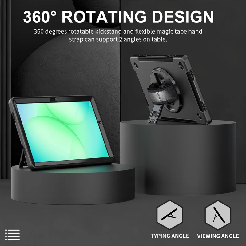 Étui pour Samsung Galaxy Tab A11+ avec support pivotant, coque tablette PC + TPU avec sangle d'épaule - Noir