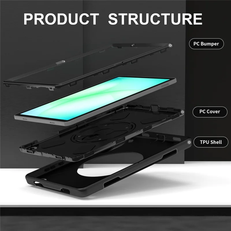 Étui pour Samsung Galaxy Tab A11+ avec support pivotant, coque tablette PC + TPU avec sangle d'épaule - Noir