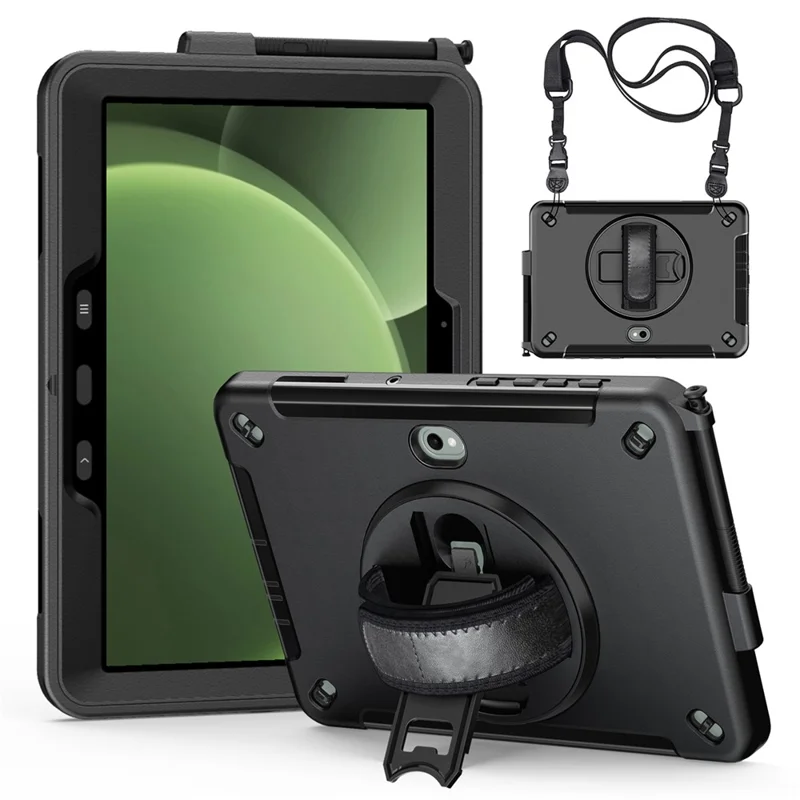 For Samsung Galaxy Tab Active5 Pro / Tab Active4 Pro Case Rotating Kickstand PC + TPU Tablet Cover with Shoulder Strap - Black