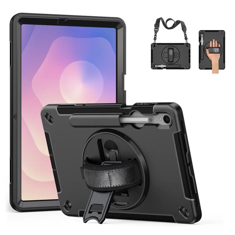 For Samsung Galaxy Tab S11 Case Kickstand PC + TPU Tablet Cover with Pen Slot, Shoulder Strap - Black