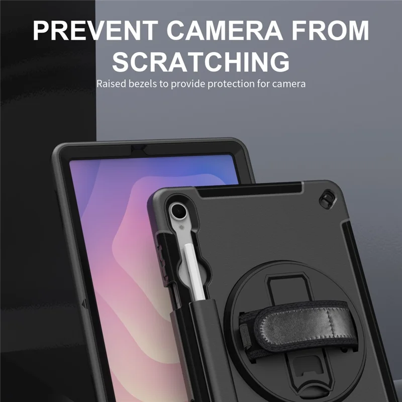 For Samsung Galaxy Tab S11 Case Kickstand PC + TPU Tablet Cover with Pen Slot, Shoulder Strap - Black