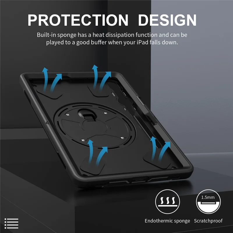 For Samsung Galaxy Tab S11 Case Kickstand PC + TPU Tablet Cover with Pen Slot, Shoulder Strap - Black