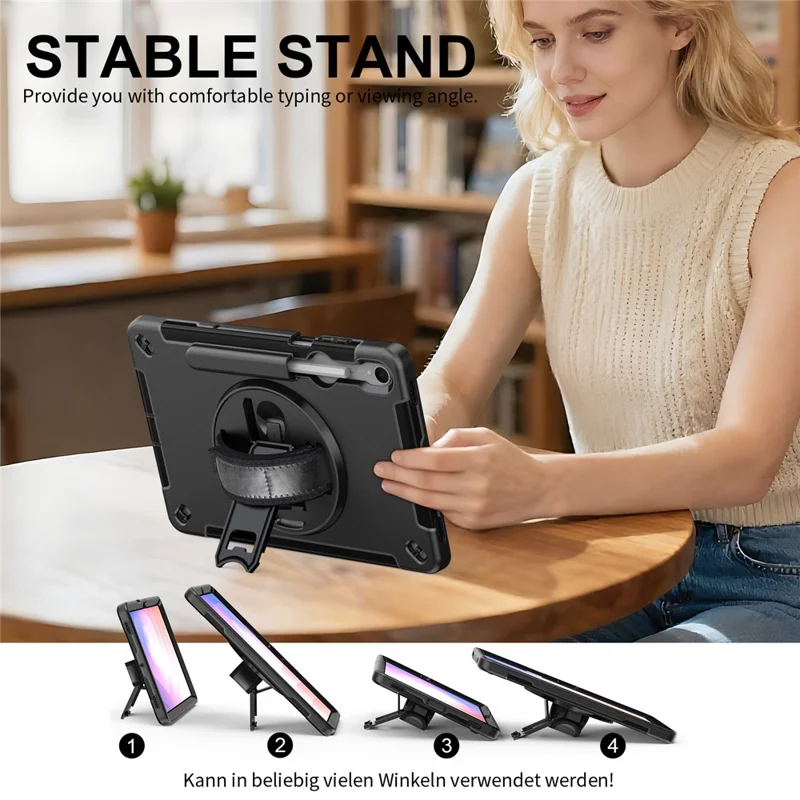 For Samsung Galaxy Tab S11 Case Kickstand PC + TPU Tablet Cover with Pen Slot, Shoulder Strap - Black