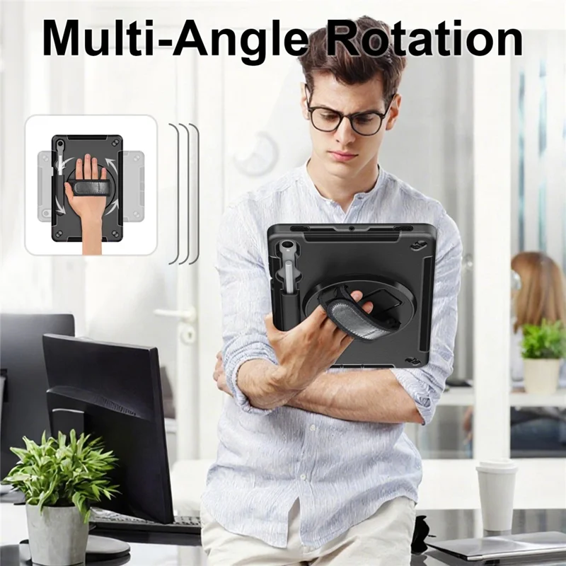 For Samsung Galaxy Tab S11 Case Kickstand PC + TPU Tablet Cover with Pen Slot, Shoulder Strap - Black