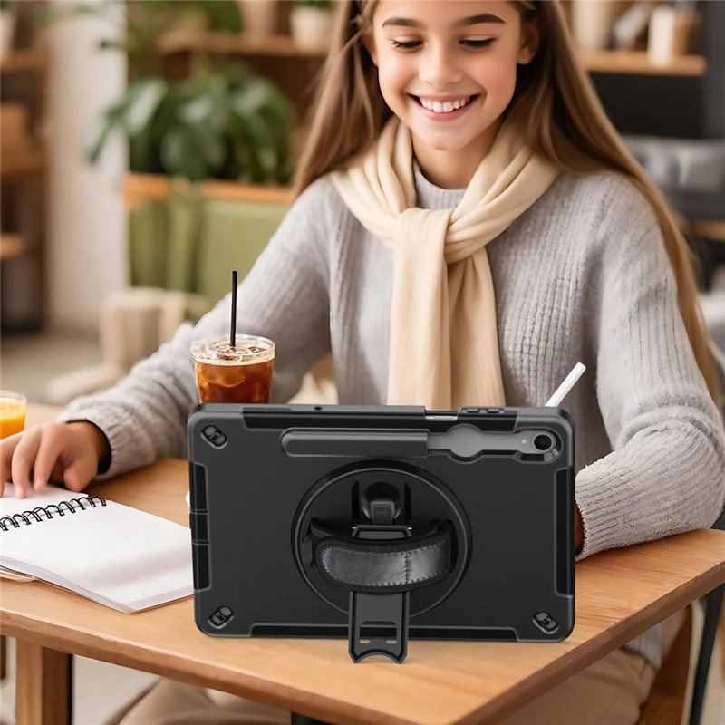 For Samsung Galaxy Tab S11 Case Kickstand PC + TPU Tablet Cover with Pen Slot, Shoulder Strap - Black