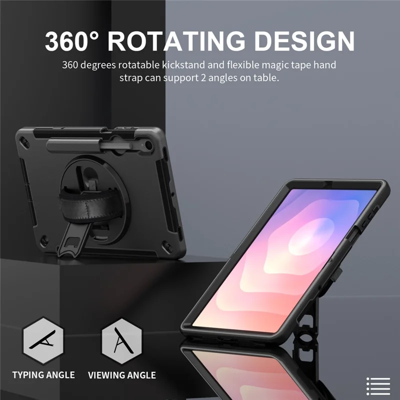 For Samsung Galaxy Tab S11 Case Kickstand PC + TPU Tablet Cover with Pen Slot, Shoulder Strap - Black