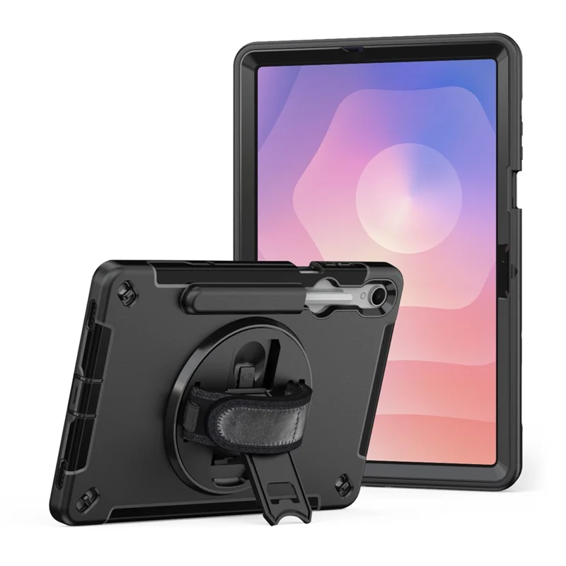 For Samsung Galaxy Tab S11 Case Kickstand PC + TPU Tablet Cover with Pen Slot, Shoulder Strap - Black