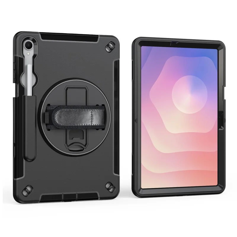 For Samsung Galaxy Tab S11 Case Kickstand PC + TPU Tablet Cover with Pen Slot, Shoulder Strap - Black