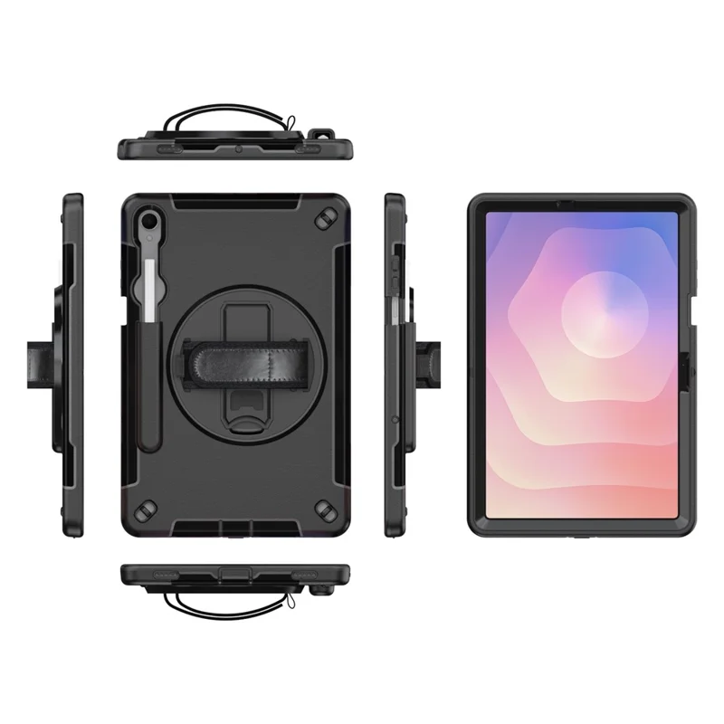For Samsung Galaxy Tab S11 Case Kickstand PC + TPU Tablet Cover with Pen Slot, Shoulder Strap - Black