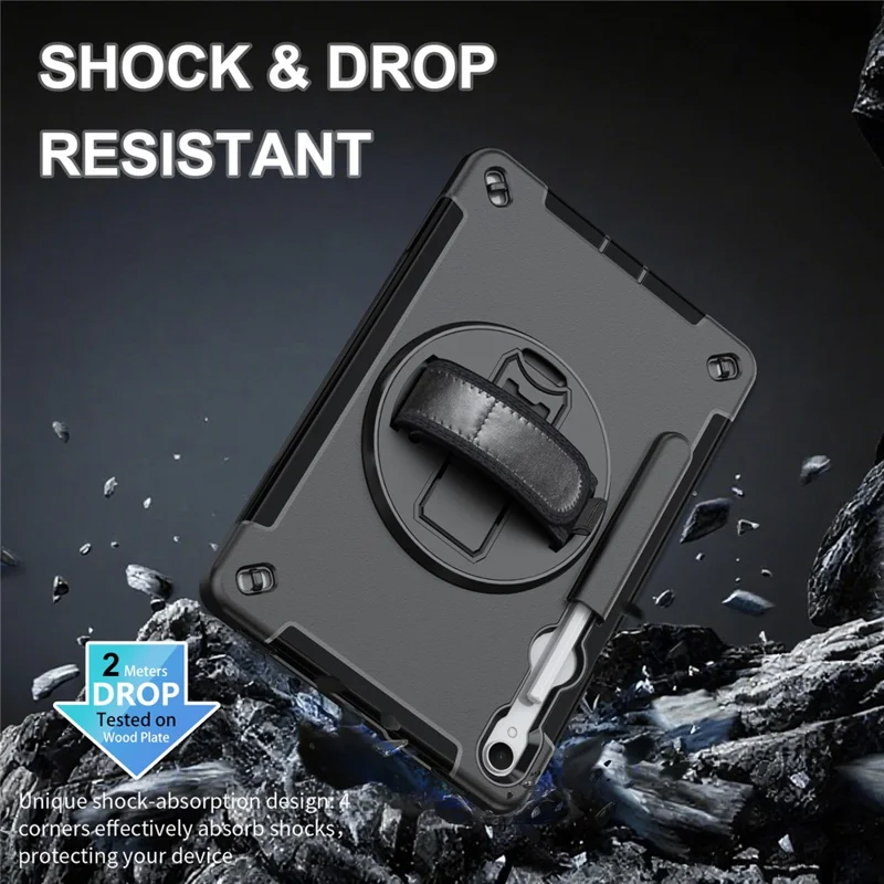 For Samsung Galaxy Tab S11 Case Kickstand PC + TPU Tablet Cover with Pen Slot, Shoulder Strap - Black