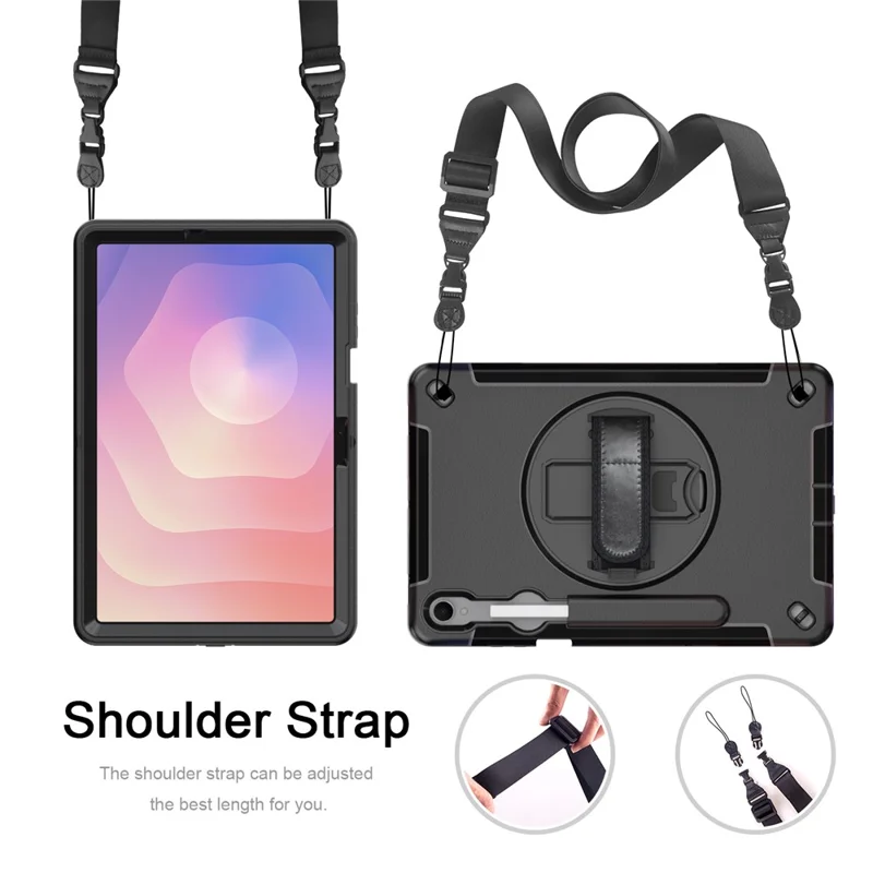 For Samsung Galaxy Tab S11 Case Kickstand PC + TPU Tablet Cover with Pen Slot, Shoulder Strap - Black